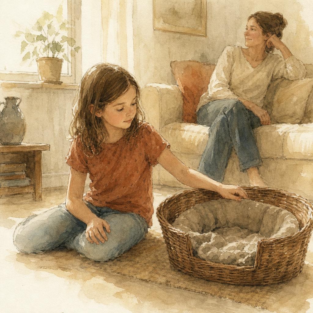 Illustratie bij afscheid van een huisdier: een kind zit op de vloer naast een lege dierenmand met een deken erin, hand op de rand, zacht raamlicht