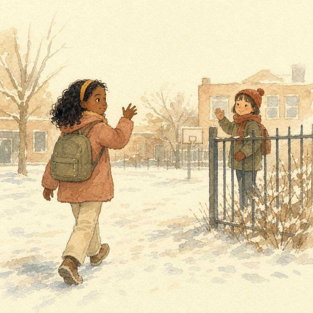 Illustratie bij afscheid nemen: twee kinderen zwaaien naar elkaar op een winters schoolplein, de een loopt al weg, sneeuw op de grond