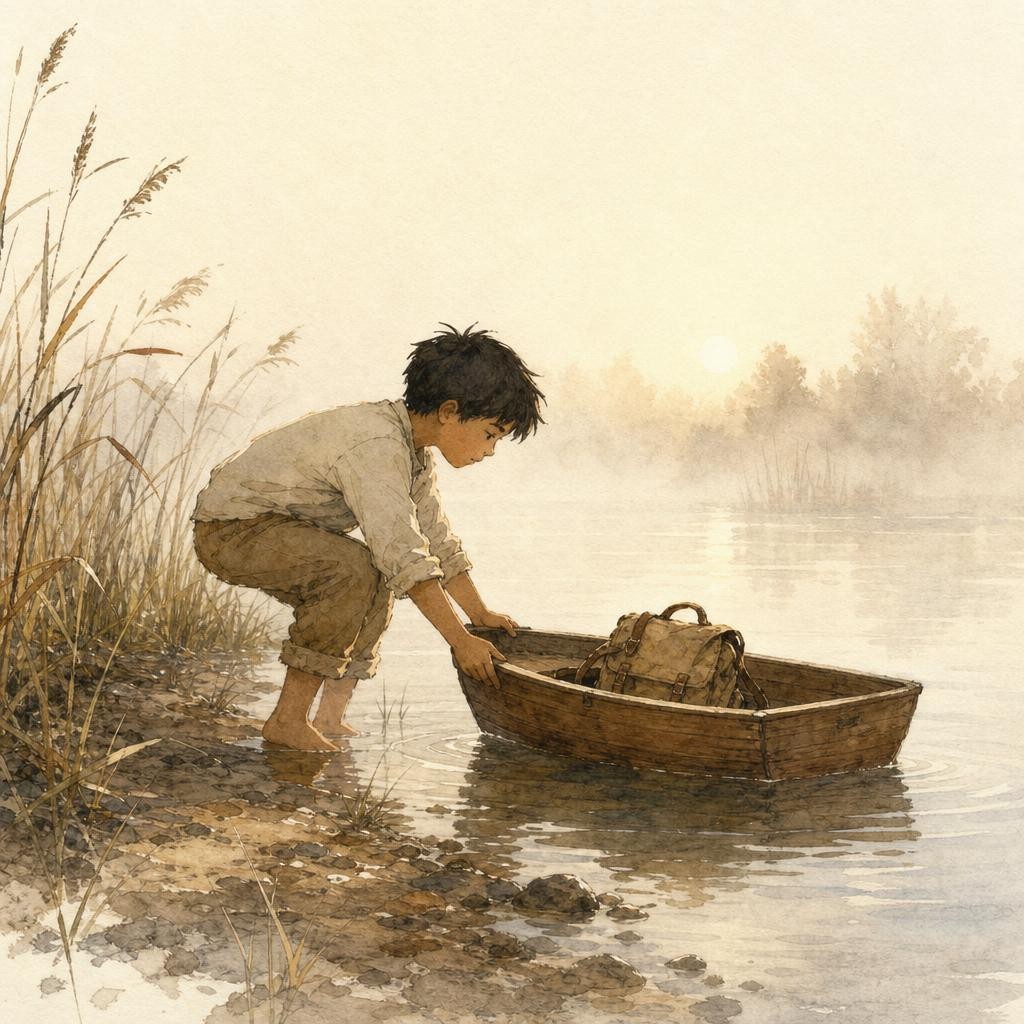 Illustratie bij op avontuur: een kind duwt een kleine houten boot het water in bij mist, vroege ochtend, riet aan de oever