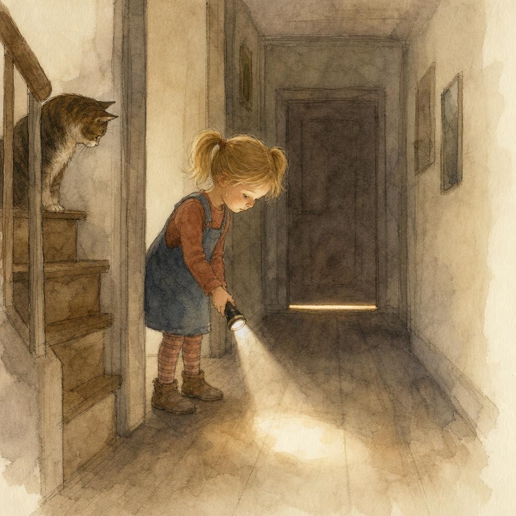 Illustratie bij bang in het donker: een kind staat in een donkere gang met een zaklamp, de lichtbundel op de vloer, een streep licht onder een deur verderop