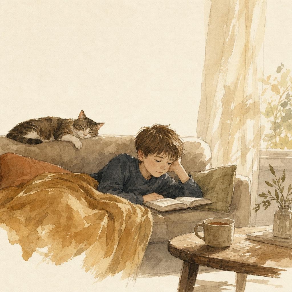 Illustratie bij beterschap: een kind ligt onder een deken op de bank met een boek, een kop thee op tafel, zacht middaglicht door een gordijn