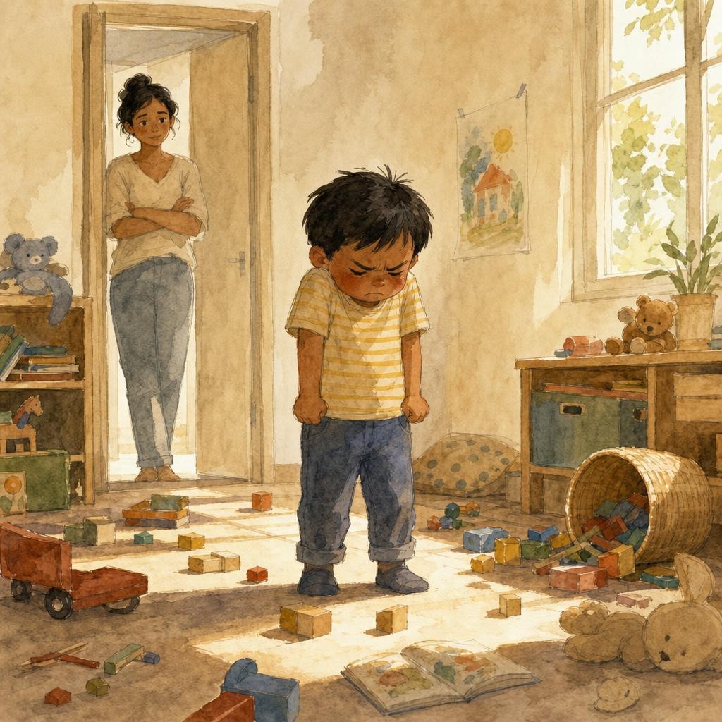 Illustratie bij grote boosheid: een kind staat midden in een speelkamer met gebalde vuisten en opgetrokken schouders, kin omlaag en wenkbrauwen samengetrokken; om hem heen ligt omgegooid speelgoed, felle middagzon door het raam