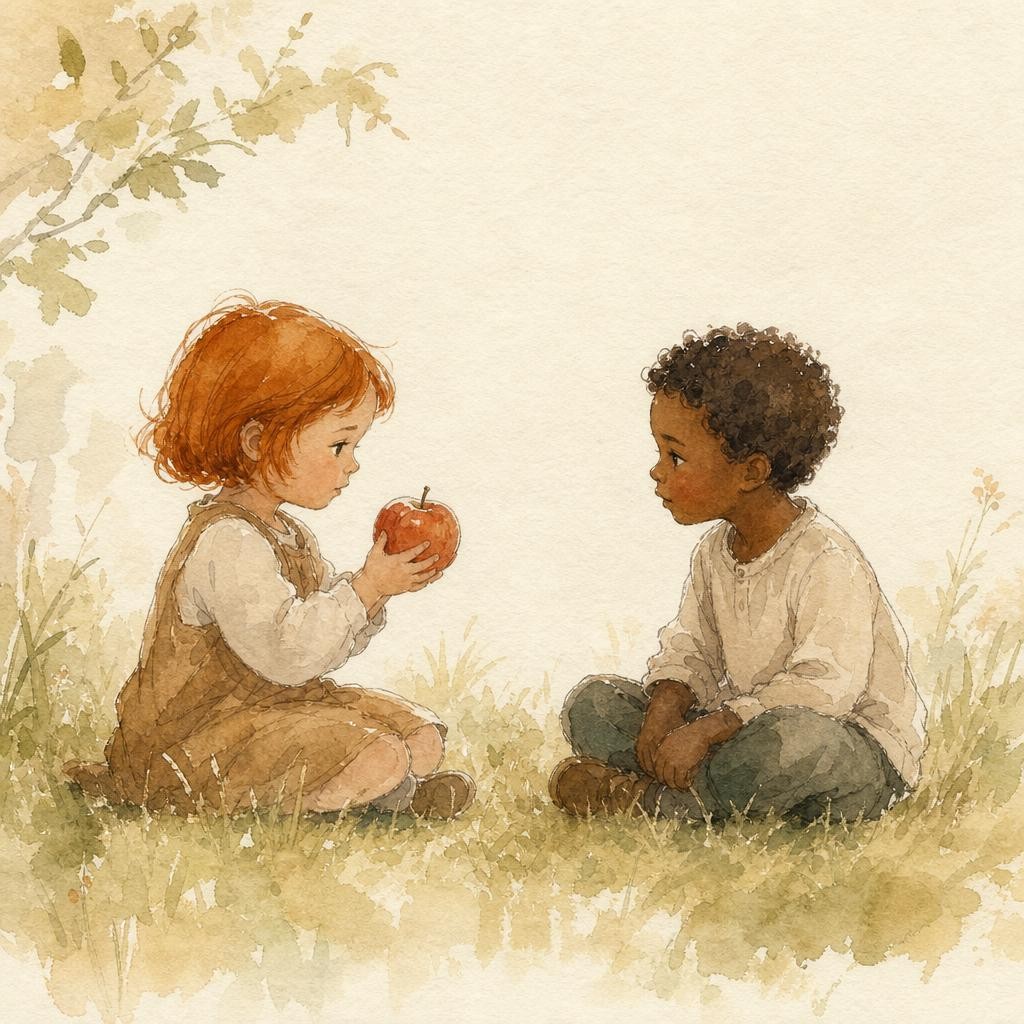 Illustratie bij leren delen: twee kinderen zitten tegenover elkaar in het gras, tussen hen in één appel, de een houdt hem vast en aarzelt