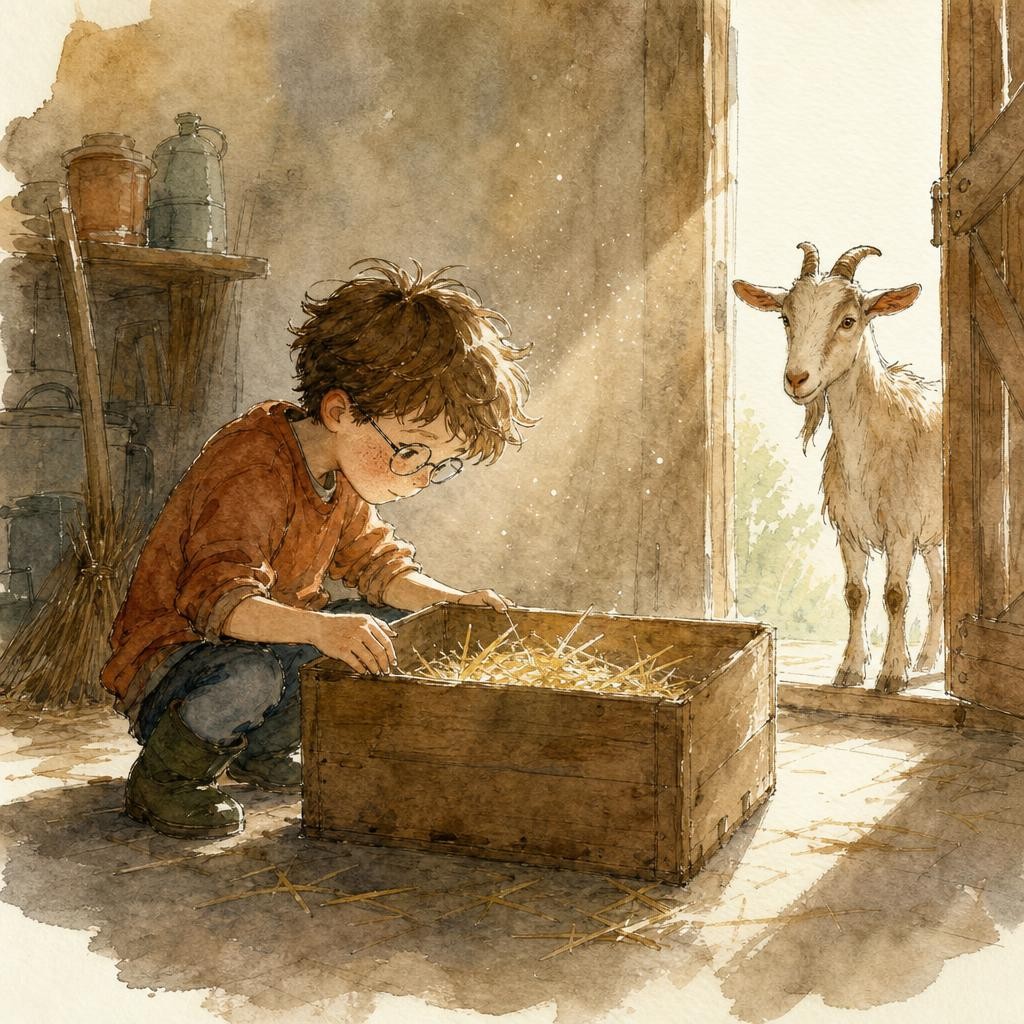 Illustratie bij dieren verzorgen: een kind zit op de vloer van een schuur met een doos met stro erin en kijkt er voorzichtig in, stof in het licht
