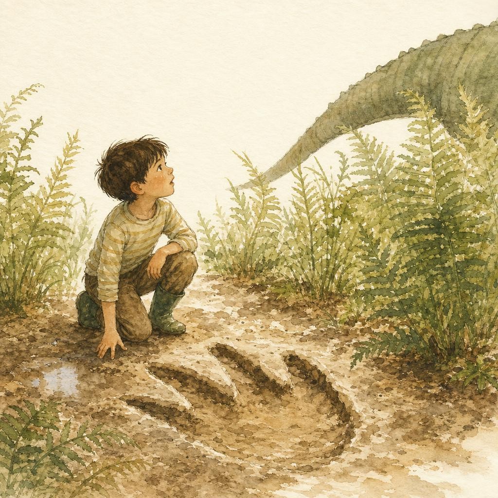 Illustratie bij dino's: een kind hurkt bij een enorme voetafdruk in de modder tussen hoge varens, kijkt omhoog naar iets buiten beeld