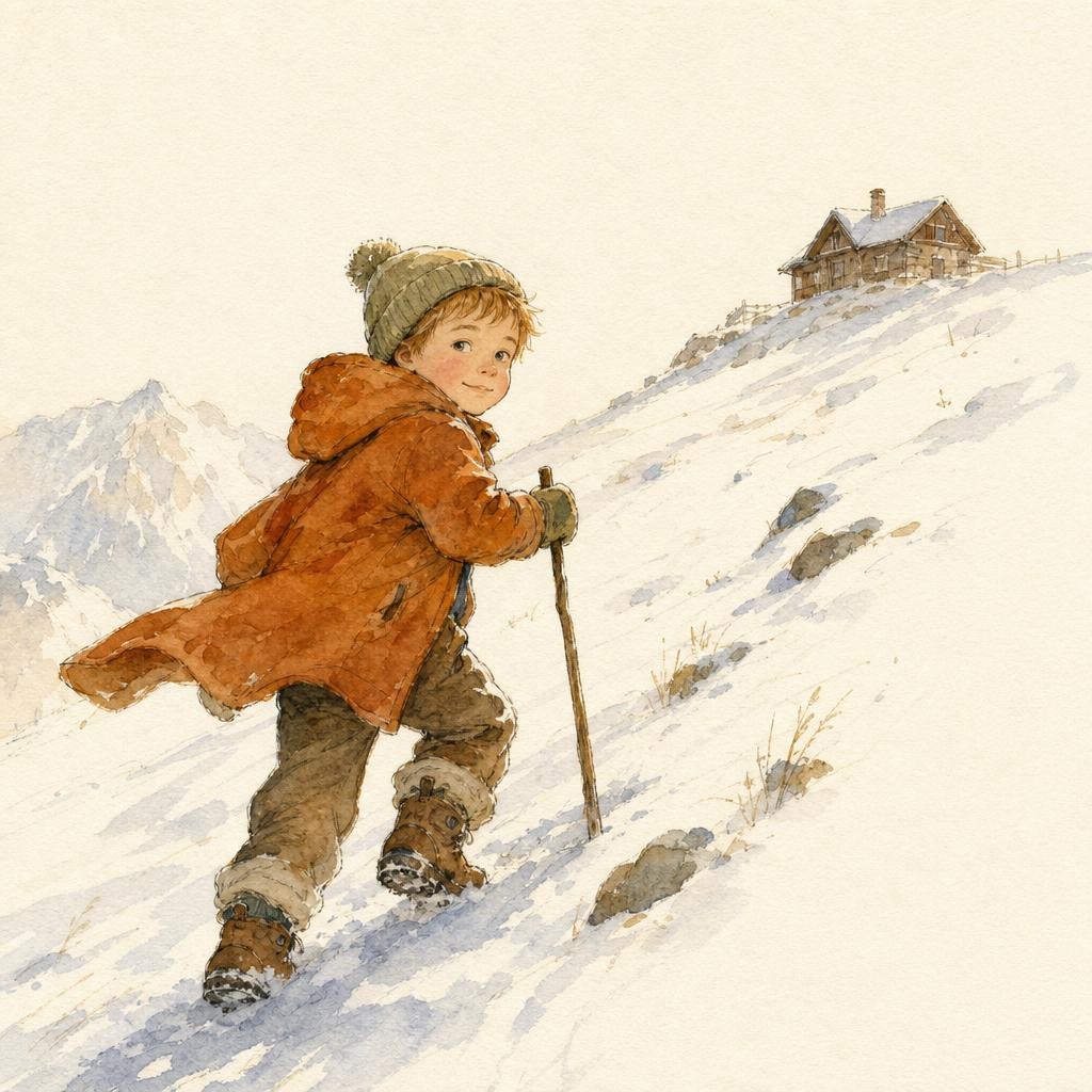 Illustratie bij doorzetten: een kind klimt tegen een besneeuwde helling op, half omgedraaid naar de camera, wind in de jas