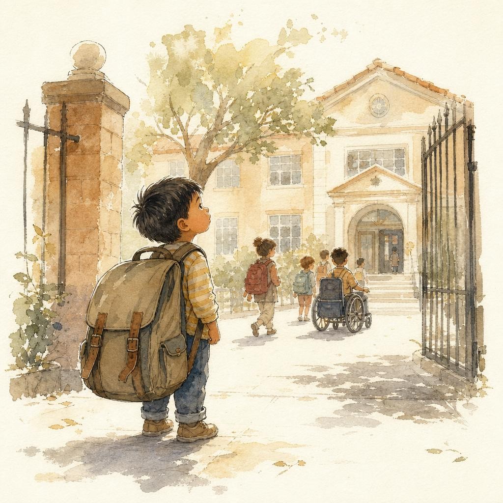Illustratie bij de eerste schooldag: een kind met een te grote rugzak staat bij een schoolhek, kijkt omhoog naar het gebouw, ochtendlicht