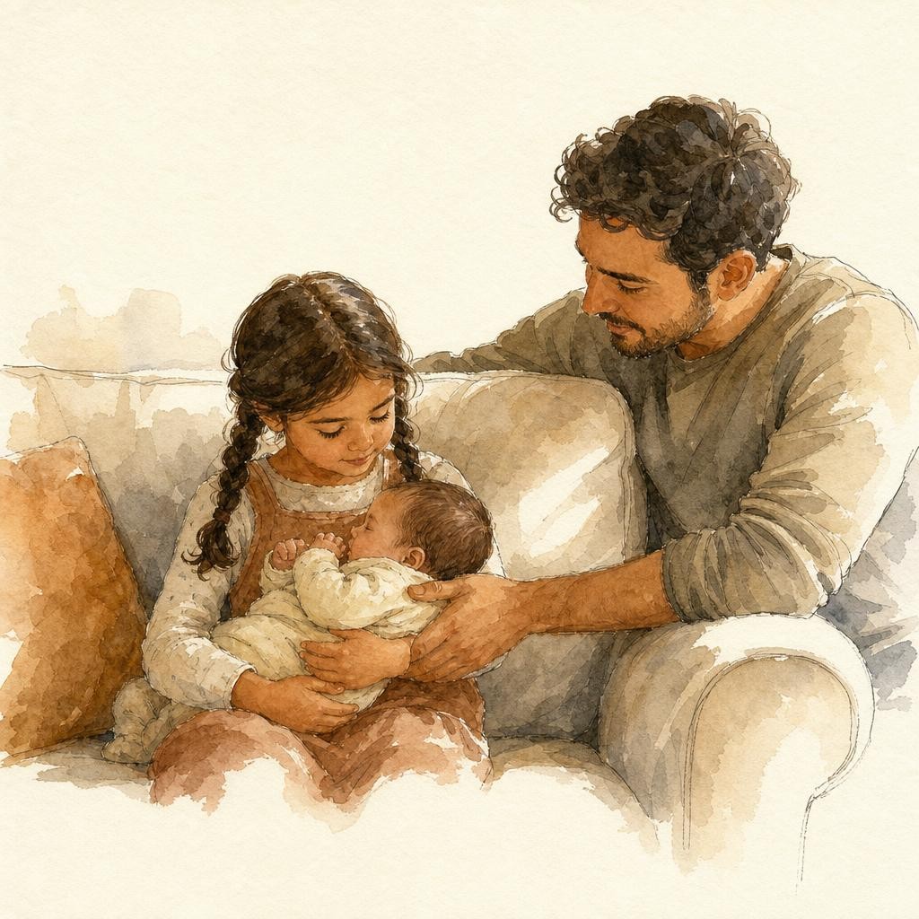 Illustratie bij grote broer of zus: een meisje van vijf zit op de bank met een baby op schoot, voorzichtig, een volwassene houdt haar arm mee vast