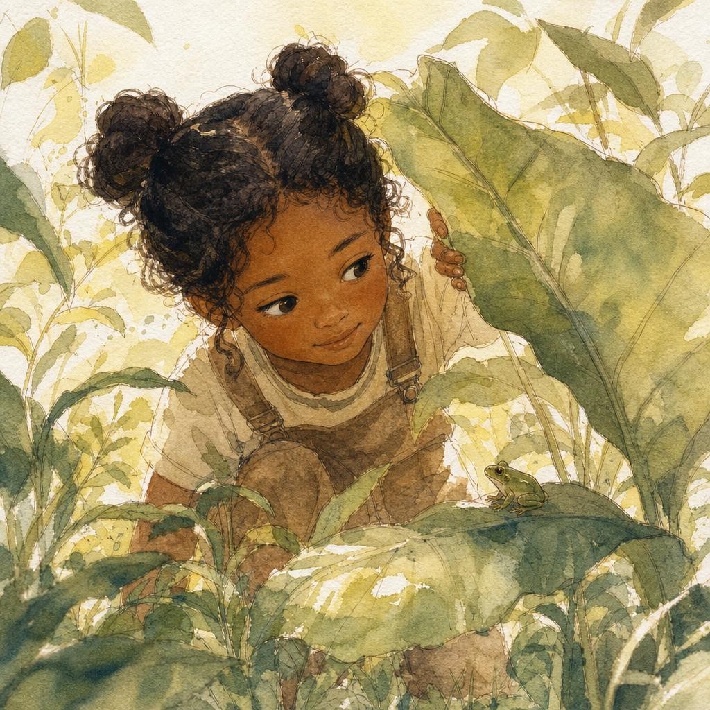 Illustratie bij de jungle: een kind duwt voorzichtig een groot blad opzij in dichte begroeiing en kijkt naar iets kleins, groen filterlicht