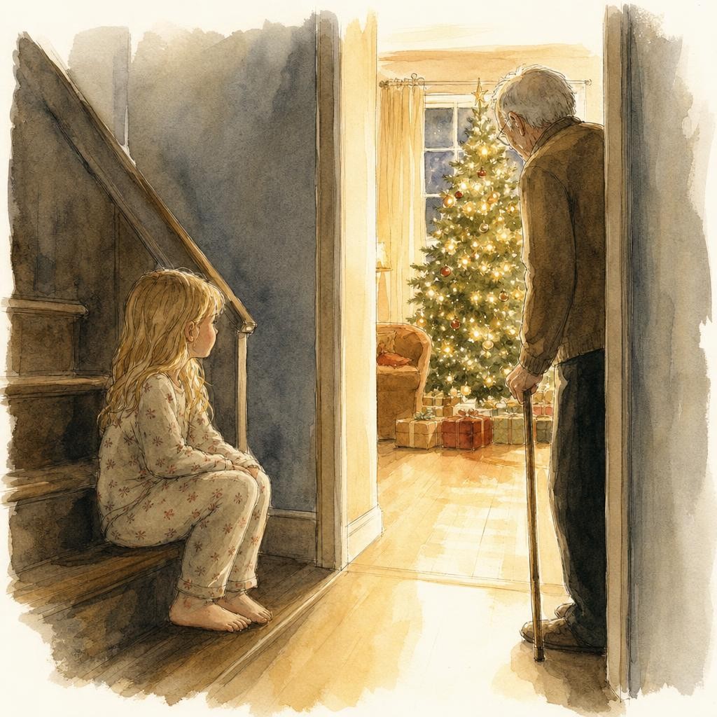 Illustratie bij Kerst: een kind in pyjama zit op de onderste traptreden in een donkere gang en kijkt de woonkamer in, waar een versierde kerstboom met lichtjes staat en pakjes eronder liggen; warm licht valt de gang in