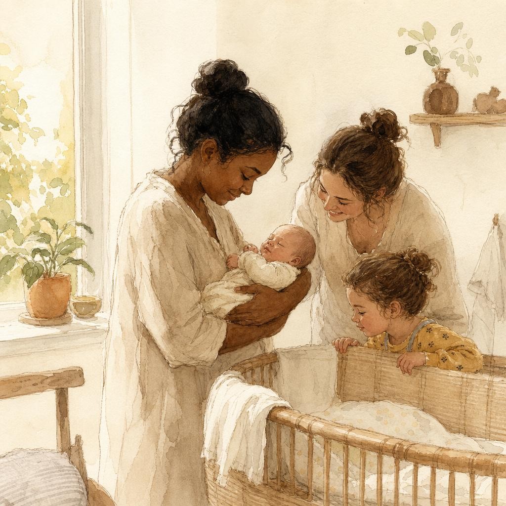 Illustratie bij kraamcadeau: een ouder houdt een pasgeboren baby in een lichte kamer bij een raam, een peuter van drie kijkt over de rand van de wieg mee