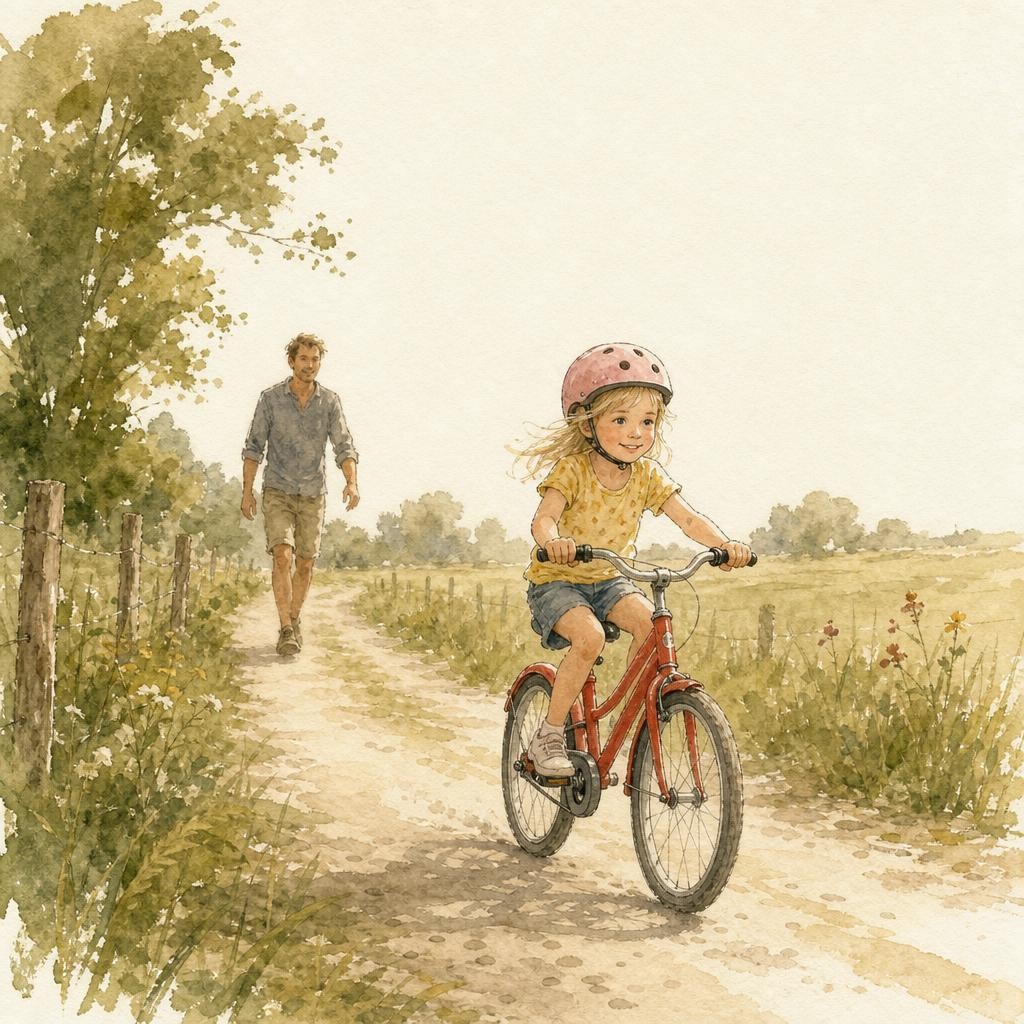 Illustratie bij leren fietsen: een kind op een fiets zonder zijwieltjes op een landweggetje, net in balans, een volwassene een paar meter erachter