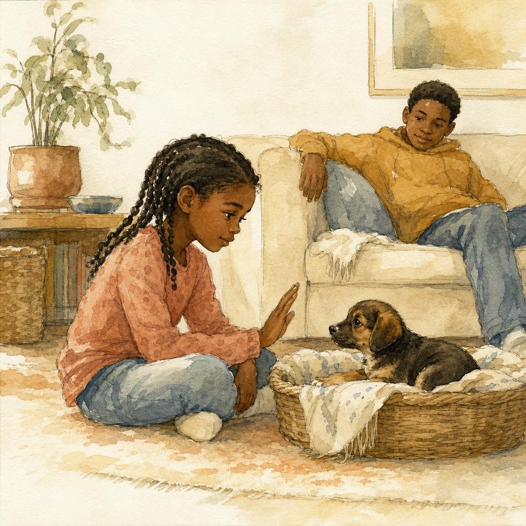 Illustratie bij een huisdier erbij: een kind zit op de vloer bij een mand met een jonge hond, houdt voorzichtig een hand op, huiskamerlicht