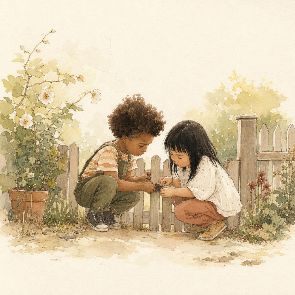 Illustratie bij een nieuw vriendje: twee kinderen hurken samen bij een laag hek in een tuin en proberen iets open te krijgen, allebei geconcentreerd