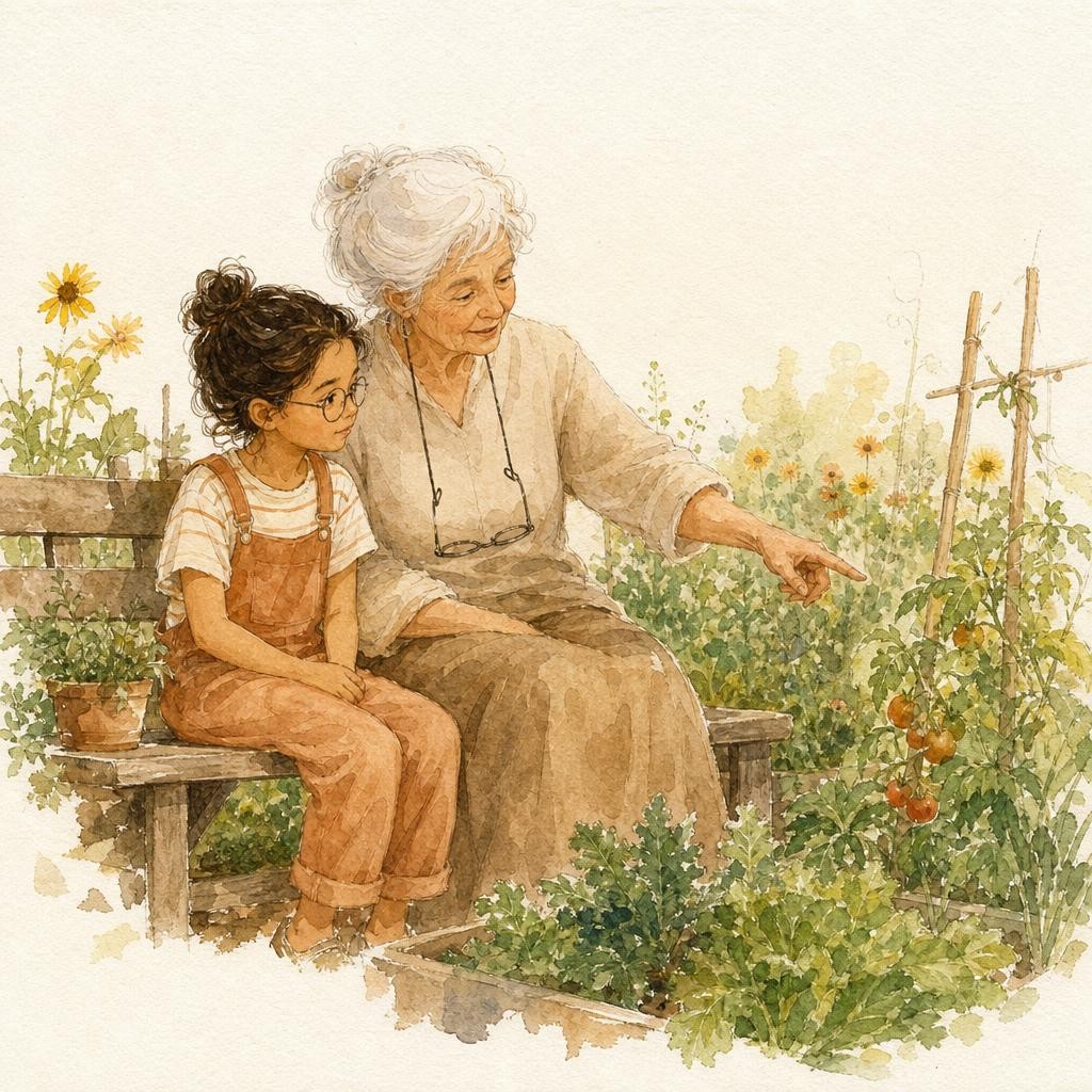 Illustratie bij voor opa en oma: een kind en een oudere vrouw zitten samen op een bankje in een moestuin, de vrouw wijst iets aan