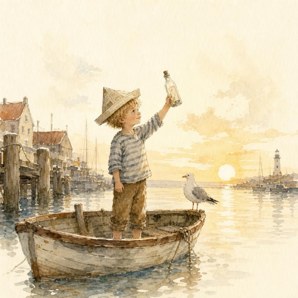 Illustratie bij piraten: een kind met een driekante hoed van papier staat in een kleine roeiboot in een haven bij zonsopgang en houdt een fles omhoog