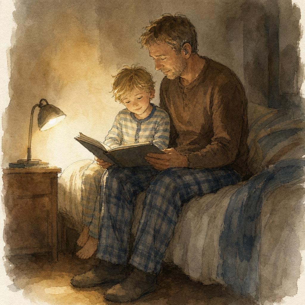 Illustratie bij samen lezen: een volwassene en een kind lezen samen een boek op de rand van een bed, één lampje aan, de rest van de kamer donker