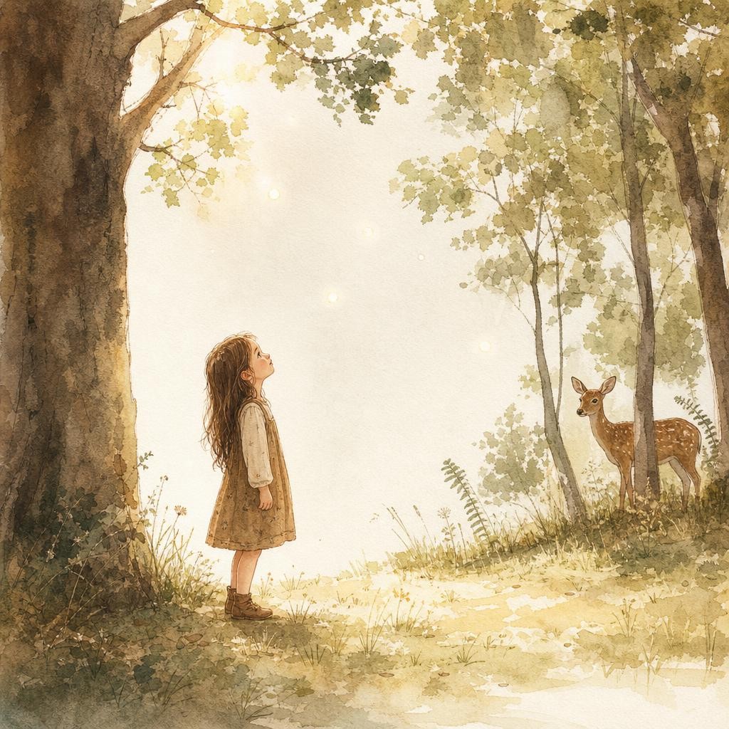 Illustratie bij het toverbos: een kind staat op een open plek tussen hoge bomen met licht dat door de bladeren valt, kijkt omhoog, een paar zwevende lichtpuntjes