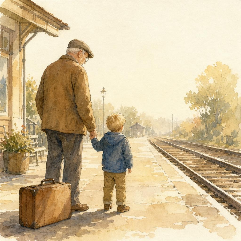 Illustratie bij treinen: een kind staat met een volwassene op een perron en kijkt de rails af in de verte, ochtendlicht, koffer naast hen
