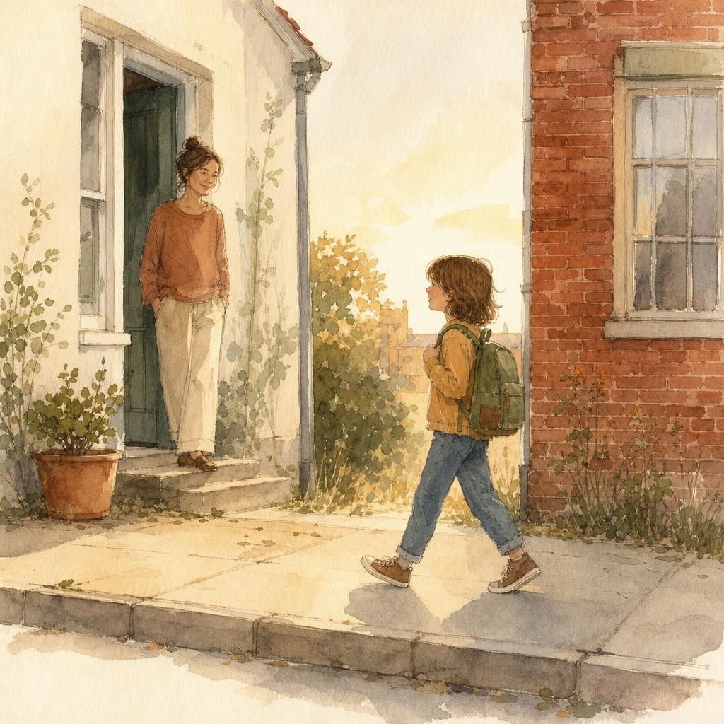 Illustratie bij twee huizen: een kind loopt met een rugzakje over een stoep, tussen twee huizen in beeld, rustig avondlicht