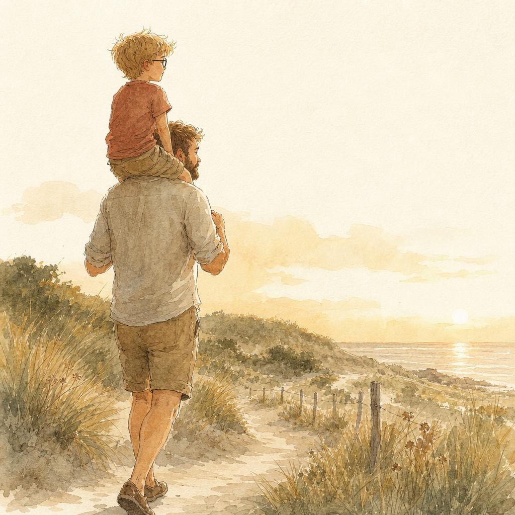 Illustratie bij Vaderdag: een kind op de schouders van een volwassene op een duinpad, allebei kijken dezelfde kant op, eind van de middag