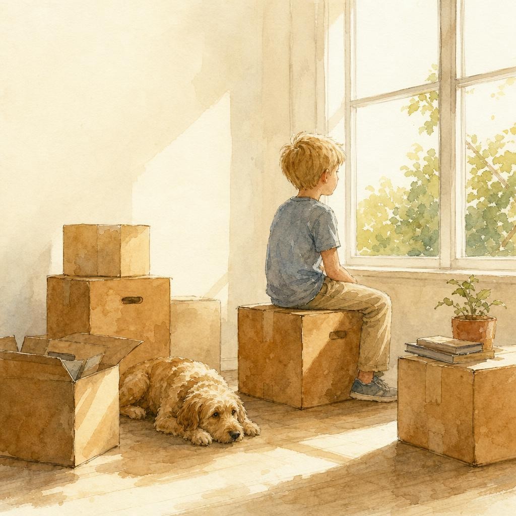 Illustratie bij verhuizen: een kind zit op een verhuisdoos in een lege kamer en kijkt uit het raam, andere dozen om zich heen, middaglicht