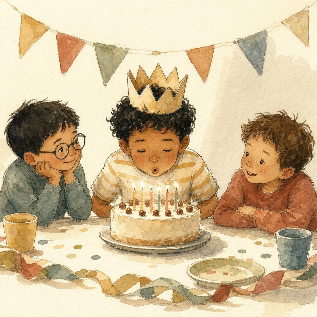 Illustratie bij verjaardag: een jongen van zeven met een papieren kroon blaast kaarsjes uit op een taart, aan een tafel met slingers, twee andere kinderen kijken toe