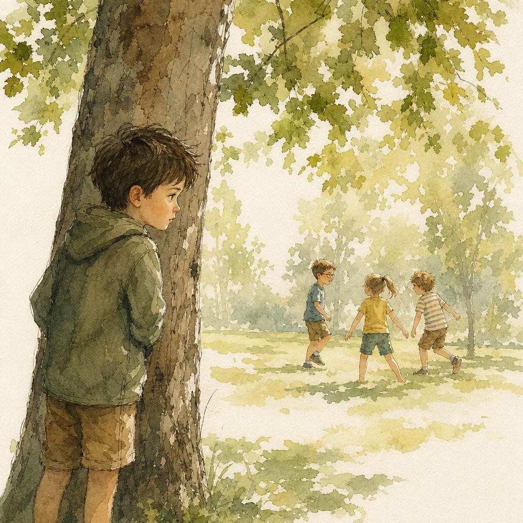 Illustratie bij verlegen zijn: een kind staat half achter een boomstam en kijkt naar een groepje kinderen dat verderop speelt, groen filterlicht