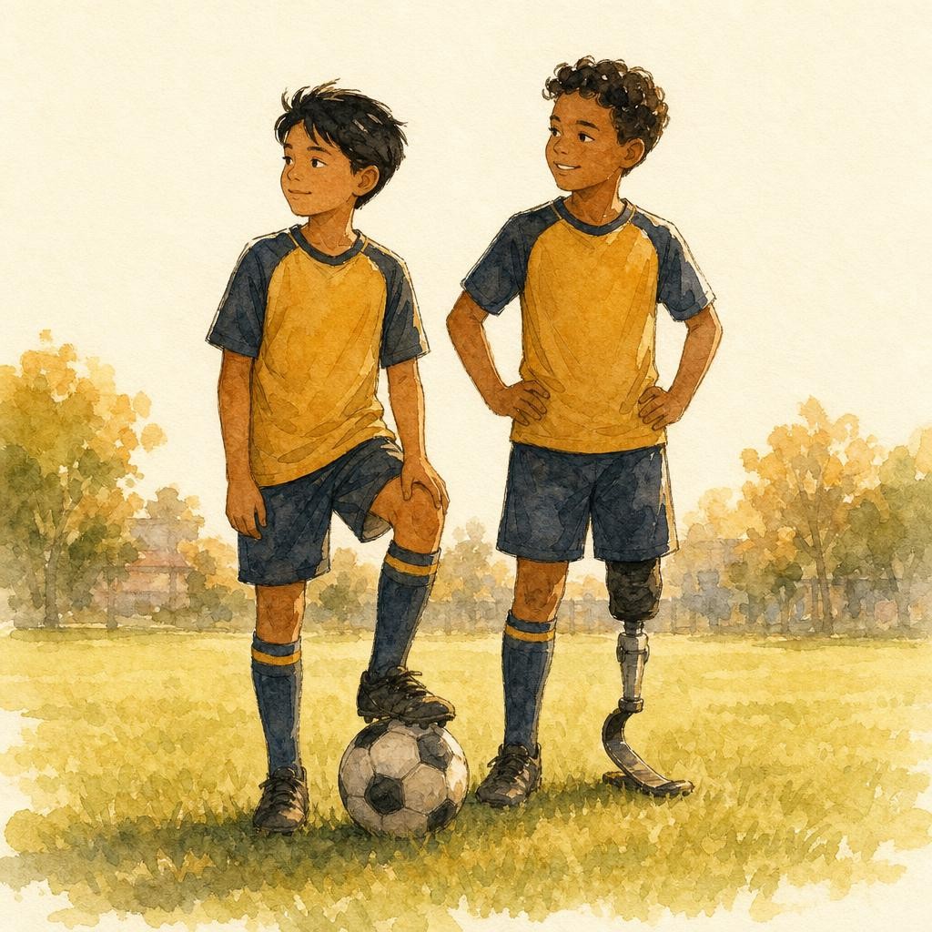 Illustratie bij voetbal: een kind in voetbalkleding staat op een grasveld met een bal aan de voet en kijkt opzij; late middagzon
