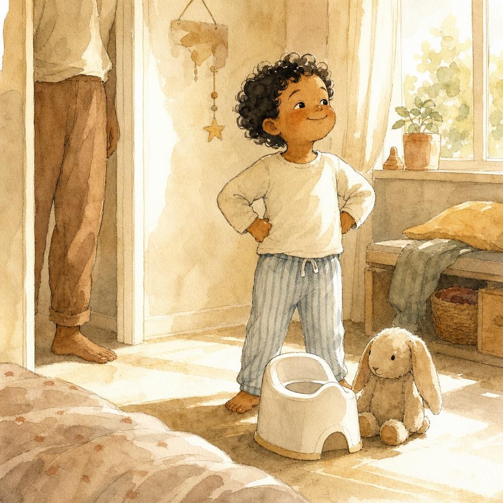 Illustratie bij zindelijk worden: een peuter in pyjamabroek staat trots met de handen in de zij naast een klein kinderpotje op de slaapkamervloer, ochtendzon door het raam, een knuffelkonijn naast het potje