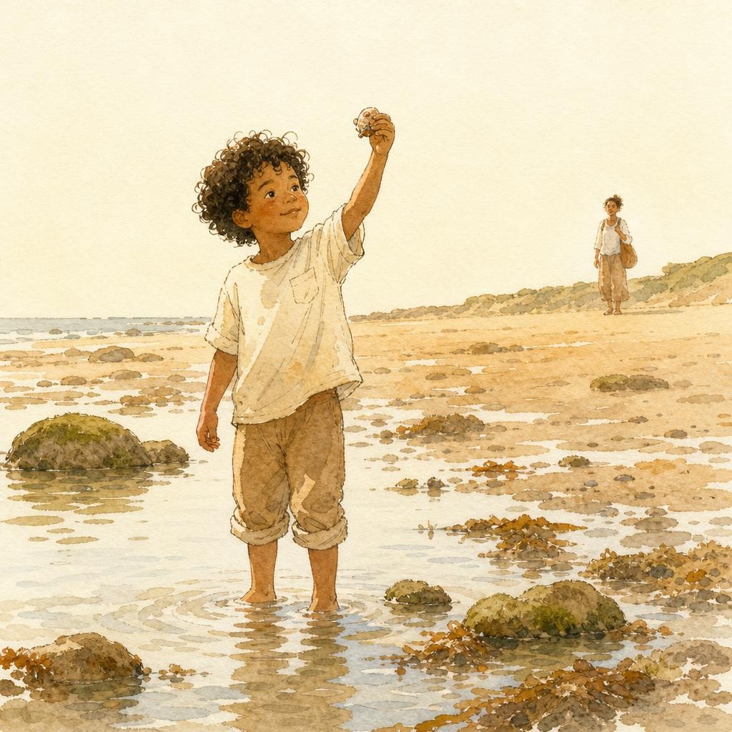 Illustratie bij zomervakantie: een kind met opgerolde broek staat in ondiep water bij eb en houdt iets omhoog dat het net gevonden heeft, laag zomerlicht
