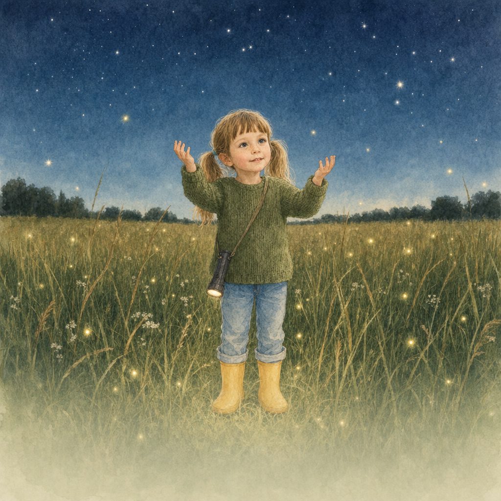 Bladzijde uit Fenna en de nacht vol lichtjes: Het weiland stond vol lichtjes die niet stil bleven staan.